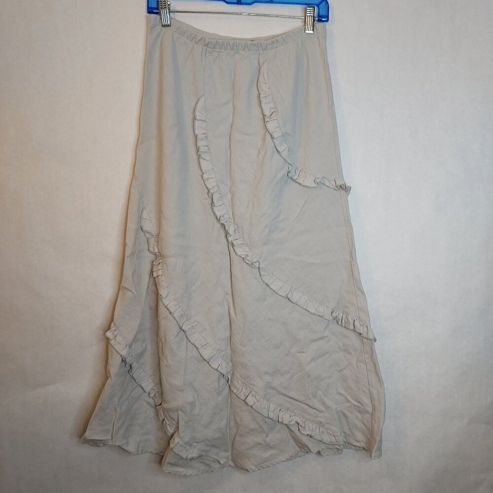 Chalet Linen Maxi Skirt Women's L Ruffles Elastic Pull On Waist Resort Vacation